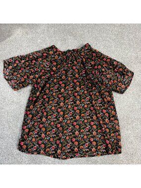 Loft Blouse XXSP Floral Gold Metallic Thread Bow Tie Back Neck Business Casual